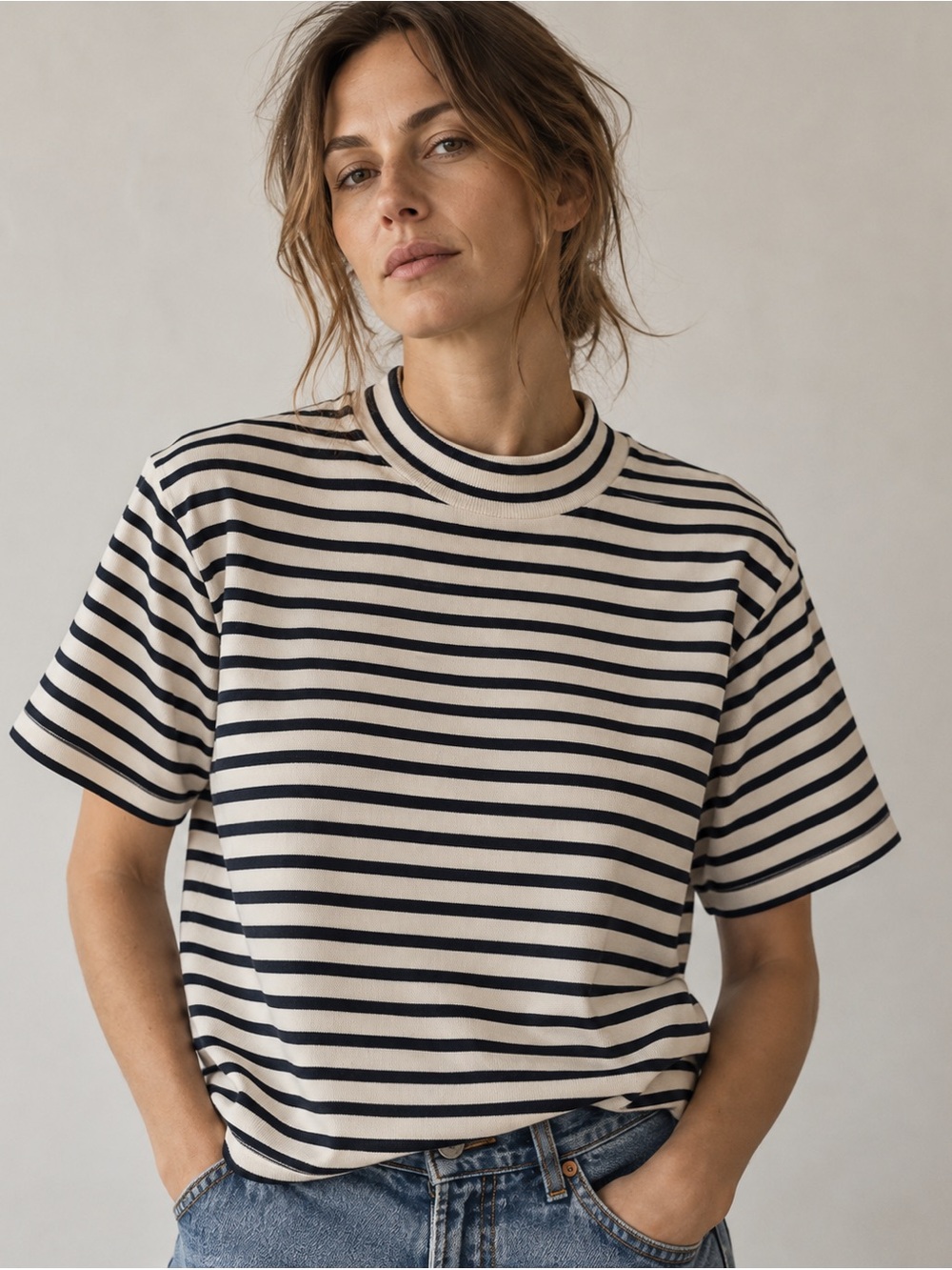 AYR Early Mornings Dime Knit Striped Mock Neck Tee M